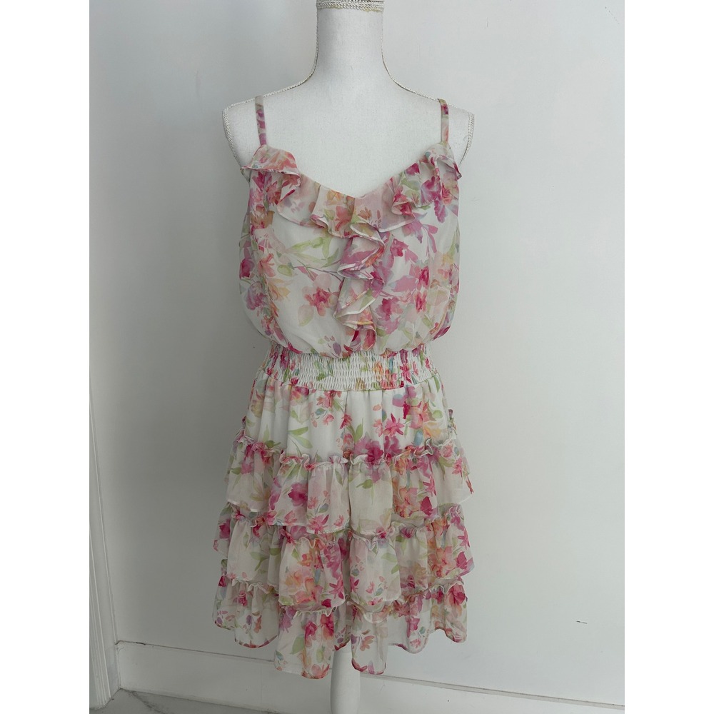 Everlily Floral Watercolor Ruffle Mini Dress Pink Yellow Smocked Waist Tiered XL